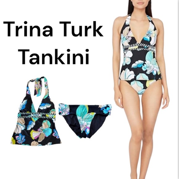 NWT Trina Turk Sintra Black Tropical Flora Halter Tankini Swimsuit Set Size 2 - Picture 16 of 16